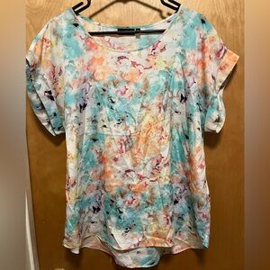 Apt. 9 Multicolor Watercolor Floral Blouse Size L Silky Cuffed Sleeve